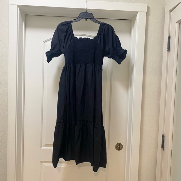 The Flourish Market Dress Women's Sz Small Black Cotton Embroidered Smocked Midi - Picture 1 of 5